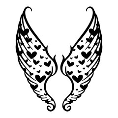 Black silhouette of angel wings in vector format, versatile design for logos, decor, and creative projects, hearts print