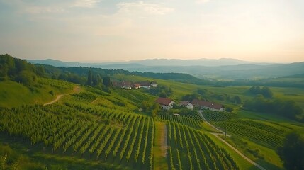 Naklejka premium Serene Vineyard Landscape Photo: Rolling Hills at Sunset. AI Generated