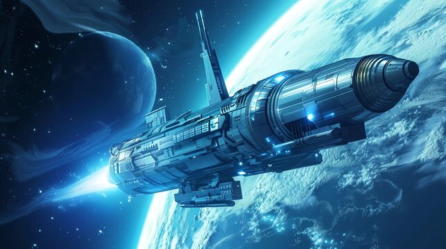 A futuristic spaceship flying through space near a planet.
