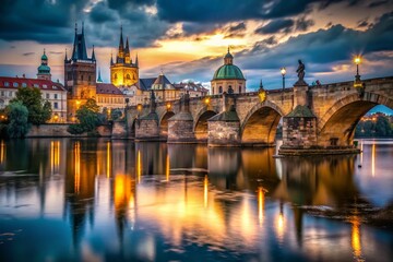 Fototapeta premium Prague Charles Bridge Vltava River Urban Exploration Photography - Dusk