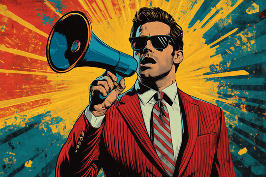 man in a red suit holding a megaphone. The man is wearing sunglasses and a tie. The image is colorful and vibrant