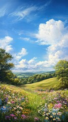 Vibrant summer flower meadow scenic hillside panoramic view colorful blooms breezy atmosphere nature's beauty