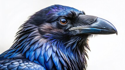 Raven Bird Portrait on White Background, Elegant Dark Bird Photography