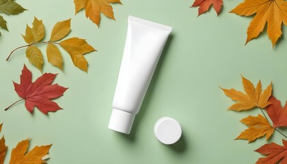 A white cosmetic tube surrounded by autumn foliage on a light green background