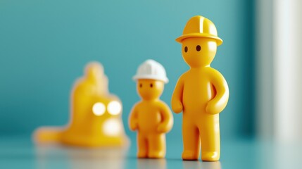 Two yellow construction figures, one small and one large, wear hard hats, standing against a blue background, alongside a playful snail figure.
