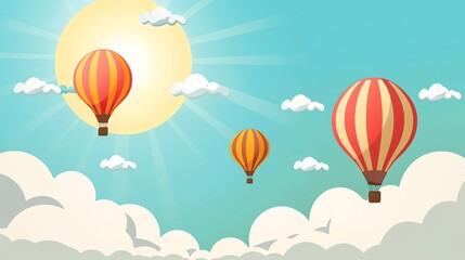 Fototapeta premium A cartoon-style illustration of hot air balloons flying in a bright blue sky with white clouds and a yellow sun.