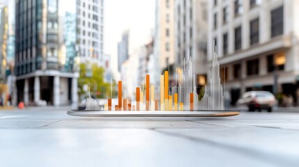 A 3D bar graph visualization stands on an urban street, showcasing data analysis amidst a modern cityscape, blending technology with urban life.