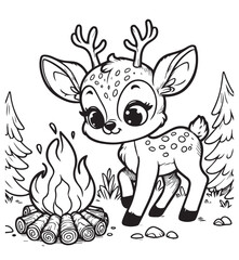 Coloring book cute deer with bonfire 