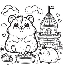 Coloring book cute hamster with castle 