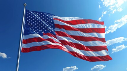Fototapeta premium Majestic American Flag Waving in the Breeze Under a Bright Blue Sky with Fluffy White Clouds, Symbolizing Patriotism and Freedom for All to See
