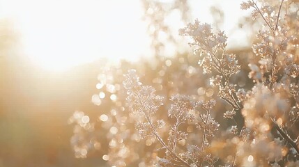 Sunlit, frost-covered plants at sunrise.