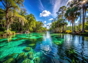 Obraz premium Explore Manatee Springs State Park's crystal-clear waters, perfect for swimming and underwater photography; manatees welcome!