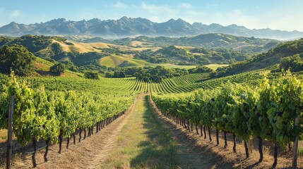 Vast rows of grapevines stretch through a picturesque valley, surrounded by lush hills and mountains. The clear sky enhances the tranquil beauty of this rural location.