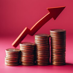 Financial Growth Concept with Coins and Red Upward Arrow