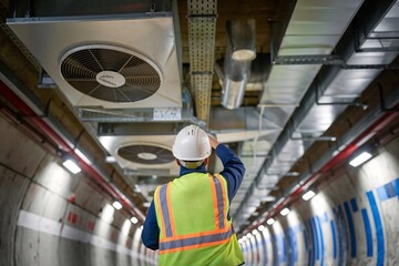 A photo of a worker's back as they adjust a ventilation system in a tunnel.