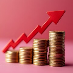 Financial Growth Concept with Coins and Red Upward Arrow