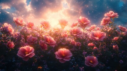 Dreamlike sunrise illuminates a field of pink flowers.