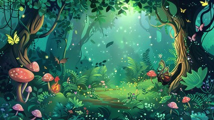 A whimsical illustration of a magical forest.