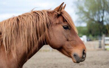 A close-up view of a brown horse showcasing its mane and expressive face