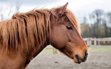 Obraz premium A close-up view of a brown horse showcasing its mane and expressive face