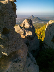 Beautiful view of the mountain range with picturesque rocks. Landscape and nature of the North Caucasus