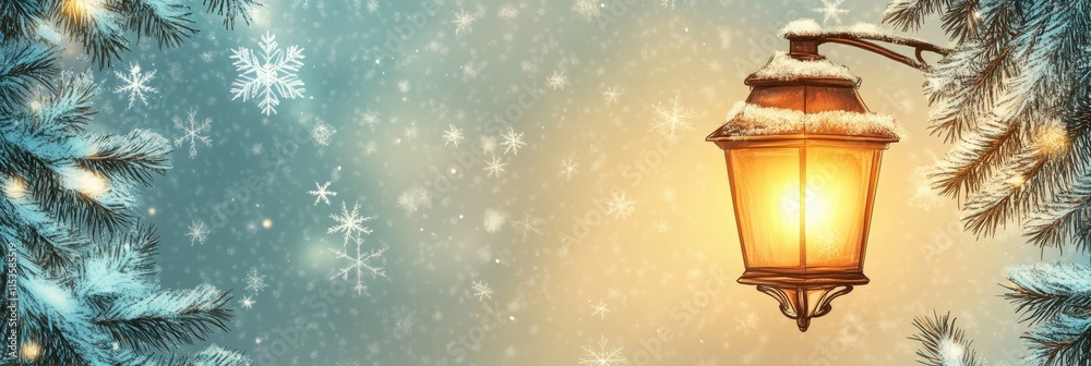 Poster Glowing street lantern illuminating a winter wonderland with falling snowflakes and frosty pine branches. Generative AI