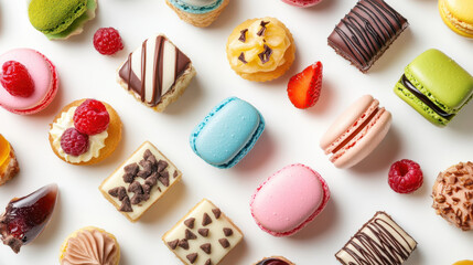A symmetrical layout of assorted vibrant desserts like macarons, Ã©clairs, and fruit tarts, placed neatly on a pure white background, each item showcasing intricate textures and vivid pastel colors. T