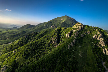 Beautiful view of the mountain range with picturesque rocks. Landscape and nature of the North Caucasus