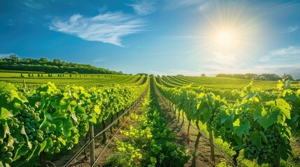 A lush green vineyard under the bright summer sun, with rows of grapevines stretching into the distance and a clear blue sky overhead