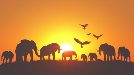 Fototapeta premium Elephants Silhouette at Golden Hour with Dramatic Shadows