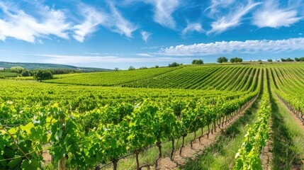 Naklejka premium A lush green vineyard under the bright summer sun, with rows of grapevines stretching into the distance and a clear blue sky overhead