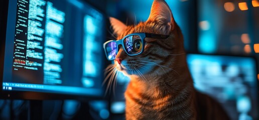 A cat wearing sunglasses sits near computer screens, exuding a tech-savvy vibe.