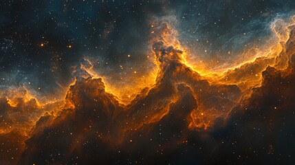 Fototapeta premium Fiery orange nebula in deep space with stars.
