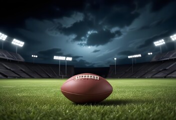 A football on a grassy field with stadium lights in the background on a dark, cloudy night