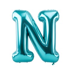 A large metallic teal letter N, made of inflated balloon material