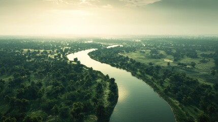 Obraz premium Serene Aerial View of Tranquil River Flowing Through Lush Landscape
