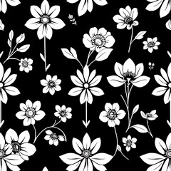 Floral Monochrome Pattern: A timeless and elegant design featuring delicate white flowers and foliage on a black background.
