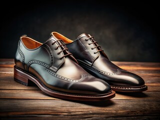Exquisite Italian black leather men's shoes.  Handcrafted luxury, captured in low-light elegance.