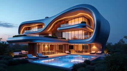 Fototapeta premium A modern futuristic building with sleek curves and innovative architecture set in an urban environment under the sky.