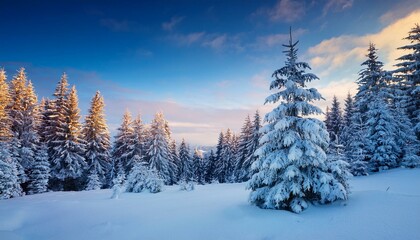 Fototapeta premium pine trees covered with snow on frosty evening stunning wintry weather landscape