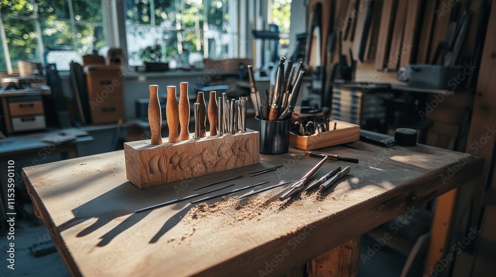 Poster a tidy wood carving bench with chisels and a block of wood neatly set up, a well-lit workshop with c