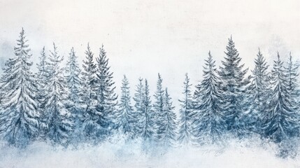 Fototapeta premium Winter forest doodle showcasing tall trees blanketed in snow under a serene sky at twilight. Generative AI