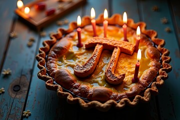 A pie with candles forming the Pi symbol, captured in a flatlay composition under warm, soft lighting, creating a cozy and festive Pi Day atmosphere with detailed textures and glowing candlelight