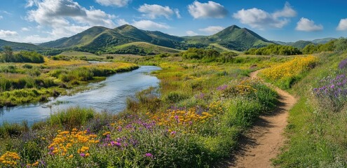 The meandering river winds through the lush greenery of two visible peaks