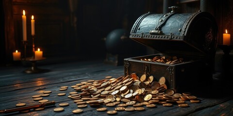 A wooden treasure chest lies open, spilling radiant gold coins onto the floor. Soft candlelight flickers nearby, casting enchanting shadows in the dimly lit room