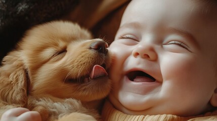 Baby and Puppy Sharing a Joyful Moment Together