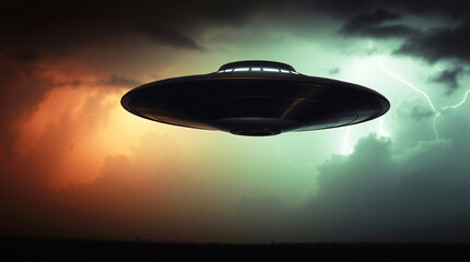 Fototapeta premium UFO UAP UAS Spacecraft Flying Saucer Aliens Extraterrestrials In A Cinematic Image Style Dark Eerie Paranormal Environment Copy space For Text Logo Or Other graphics 300 PPI High Resolution Image