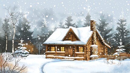 Fototapeta premium A cartoon illustration of a cozy log cabin in a snowy forest at night.