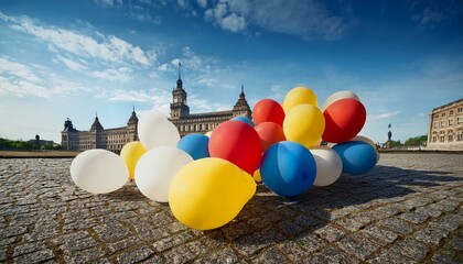 yellow white blue red balloons remoted on  history generative ai