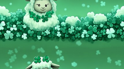 Fototapeta premium An adorable sheep with a shamrock garland around its neck, standing in a vibrant Irish countryside, soft white wool glowing in the sunlight, a whimsical and cheerful setting.